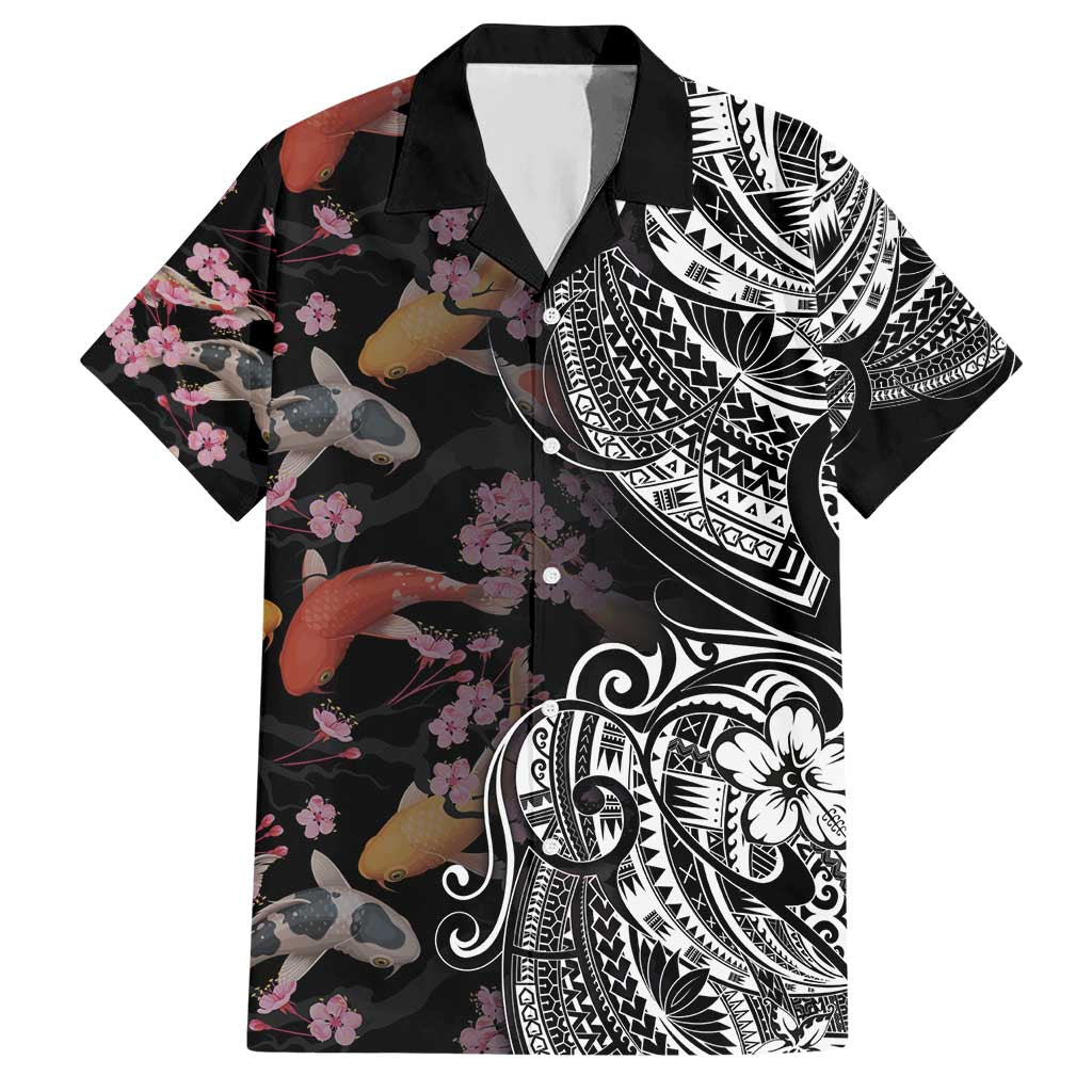 Hawaiian and Japanese Together Hawaiian Shirt Polynesian Triball Tattoo Koi Carps and Sakura LT03 Black - Polynesian Pride