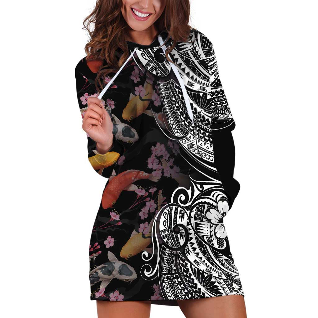 Hawaiian and Japanese Together Hoodie Dress Polynesian Triball Tattoo Koi Carps and Sakura LT03 Black - Polynesian Pride