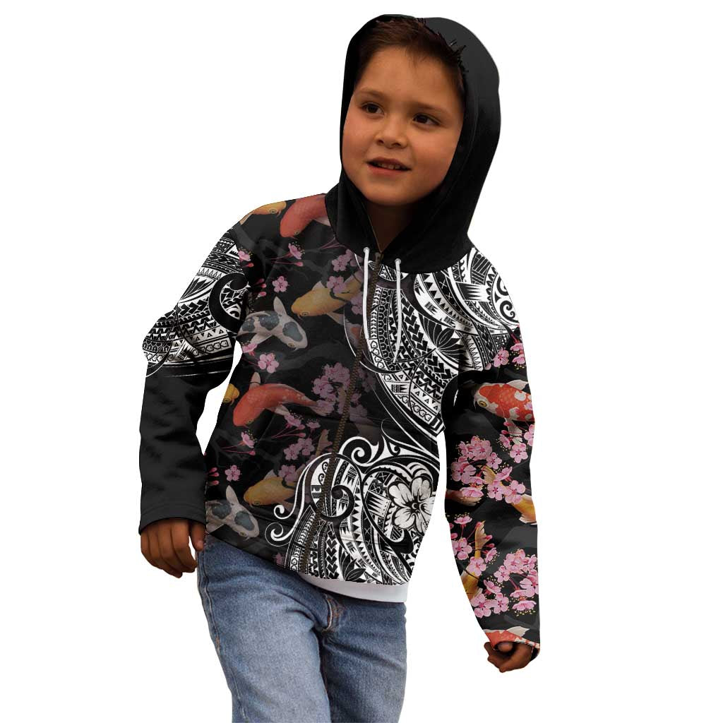 Hawaiian and Japanese Together Kid Hoodie Polynesian Triball Tattoo Koi Carps and Sakura