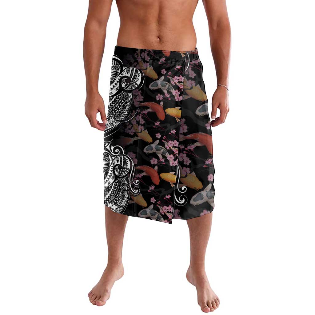Hawaiian and Japanese Together Lavalava Polynesian Triball Tattoo Koi Carps and Sakura LT03 Black - Polynesian Pride