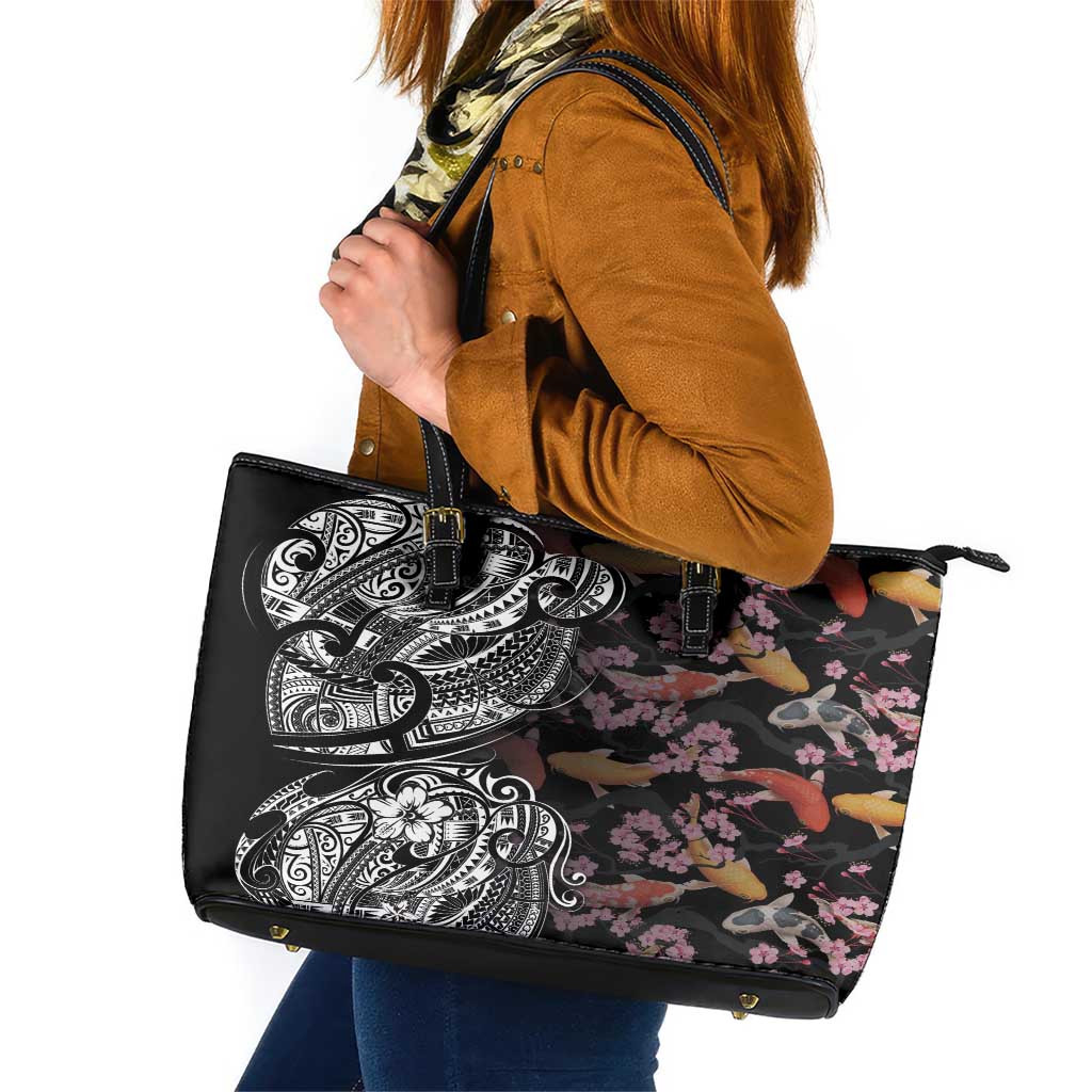 Hawaiian and Japanese Together Leather Tote Bag Polynesian Triball Tattoo Koi Carps and Sakura LT03 Black - Polynesian Pride