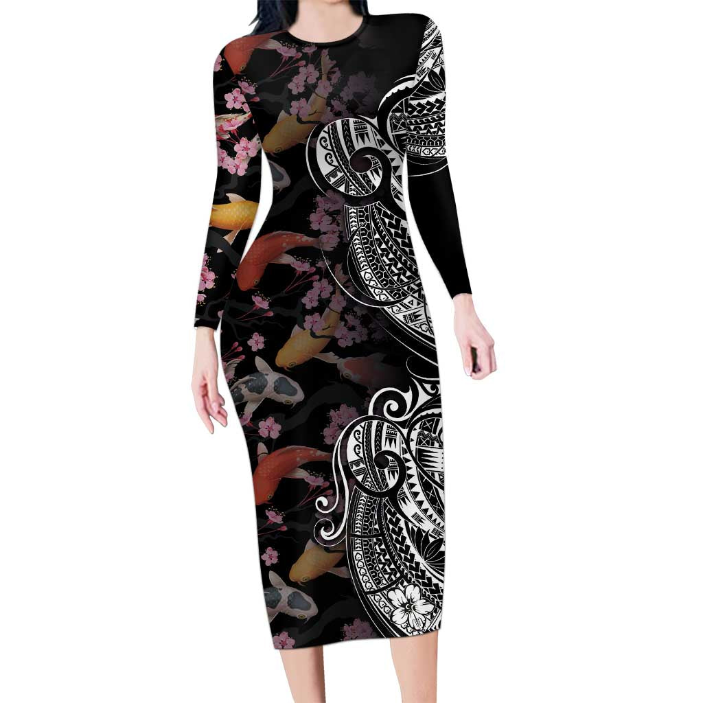 Hawaiian and Japanese Together Long Sleeve Bodycon Dress Polynesian Triball Tattoo Koi Carps and Sakura