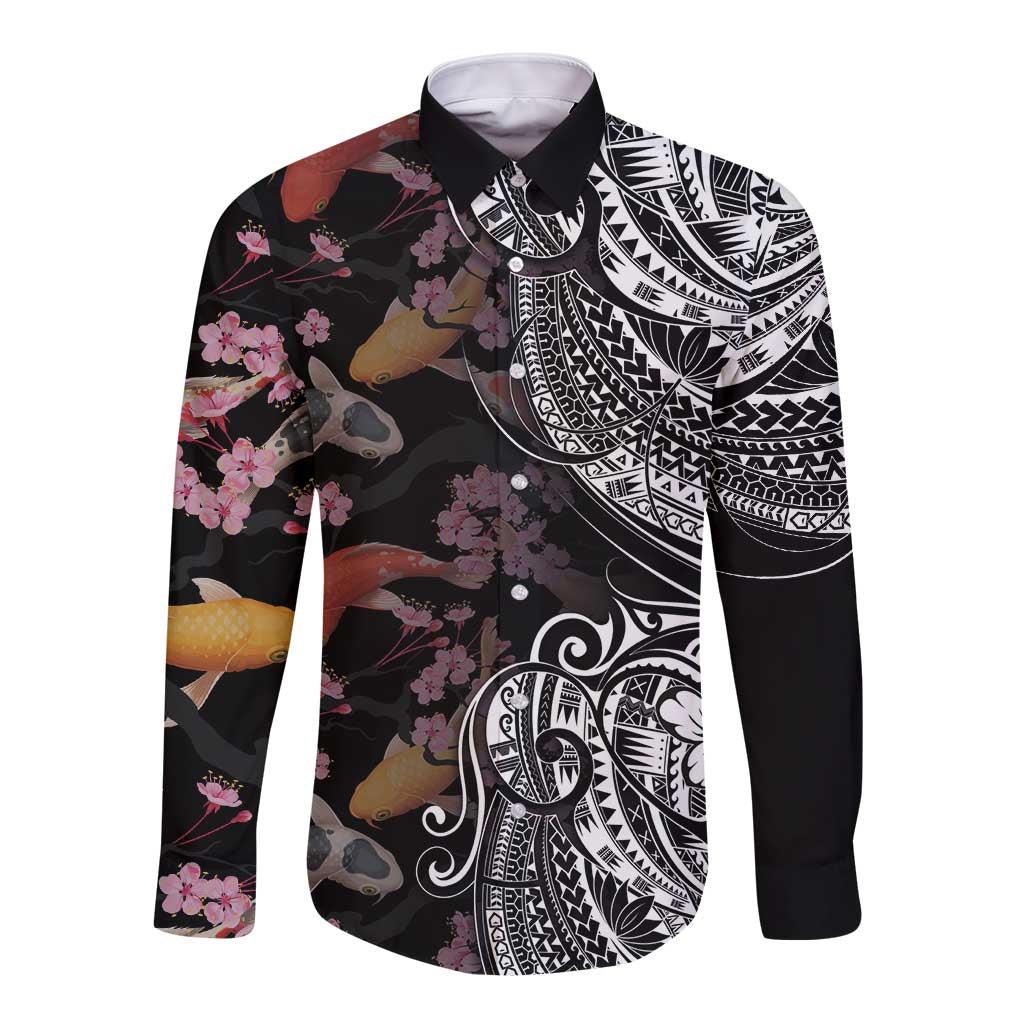 Hawaiian and Japanese Together Long Sleeve Button Shirt Polynesian Triball Tattoo Koi Carps and Sakura