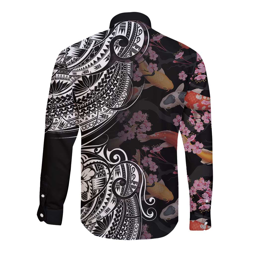 Hawaiian and Japanese Together Long Sleeve Button Shirt Polynesian Triball Tattoo Koi Carps and Sakura