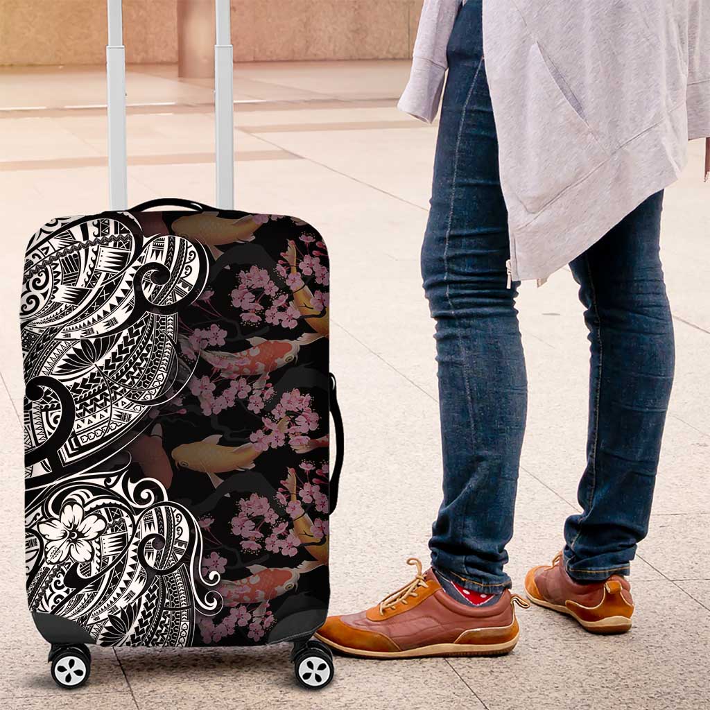 Hawaiian and Japanese Together Luggage Cover Polynesian Triball Tattoo Koi Carps and Sakura