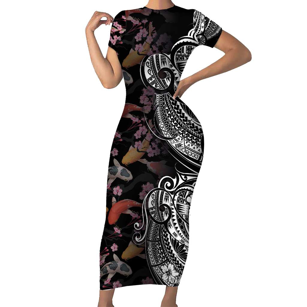 Hawaiian and Japanese Together Short Sleeve Bodycon Dress Polynesian Triball Tattoo Koi Carps and Sakura