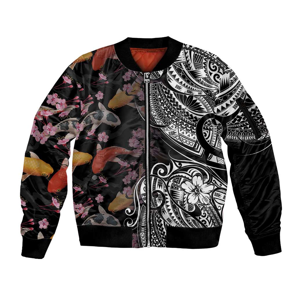Hawaiian and Japanese Together Sleeve Zip Bomber Jacket Polynesian Triball Tattoo Koi Carps and Sakura