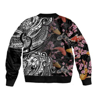 Hawaiian and Japanese Together Sleeve Zip Bomber Jacket Polynesian Triball Tattoo Koi Carps and Sakura