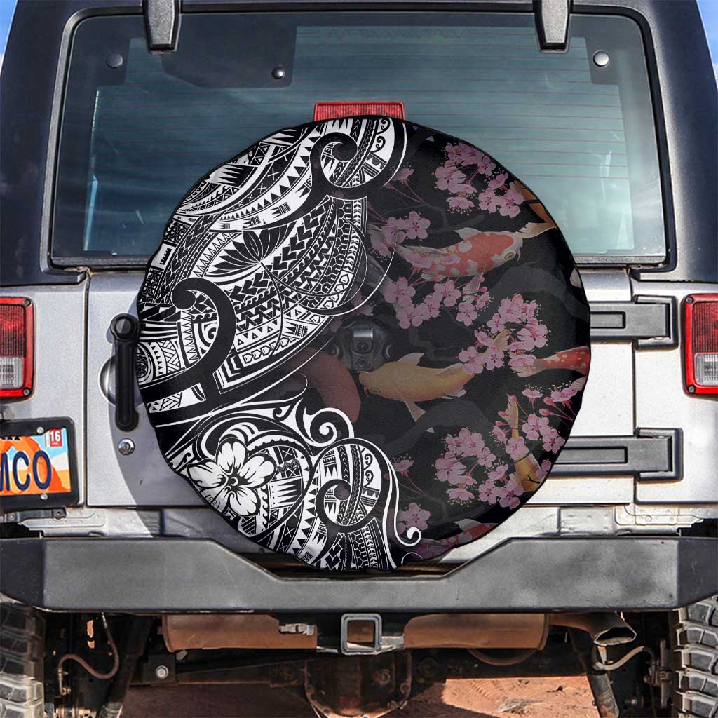 Hawaiian and Japanese Together Spare Tire Cover Polynesian Triball Tattoo Koi Carps and Sakura LT03 Black - Polynesian Pride