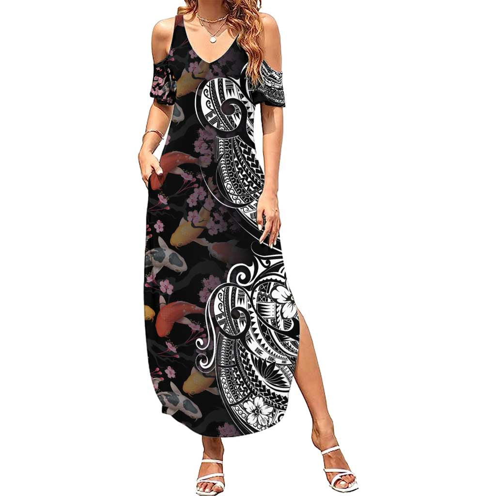 Hawaiian and Japanese Together Summer Maxi Dress Polynesian Triball Tattoo Koi Carps and Sakura