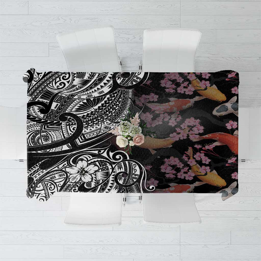 Hawaiian and Japanese Together Tablecloth Polynesian Triball Tattoo Koi Carps and Sakura LT03 Black - Polynesian Pride