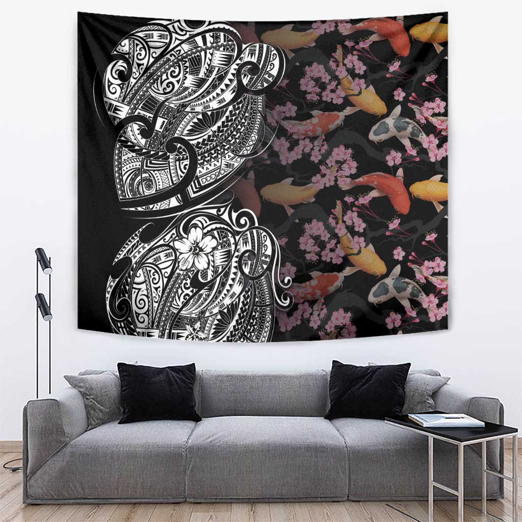 Hawaiian and Japanese Together Tapestry Polynesian Triball Tattoo Koi Carps and Sakura