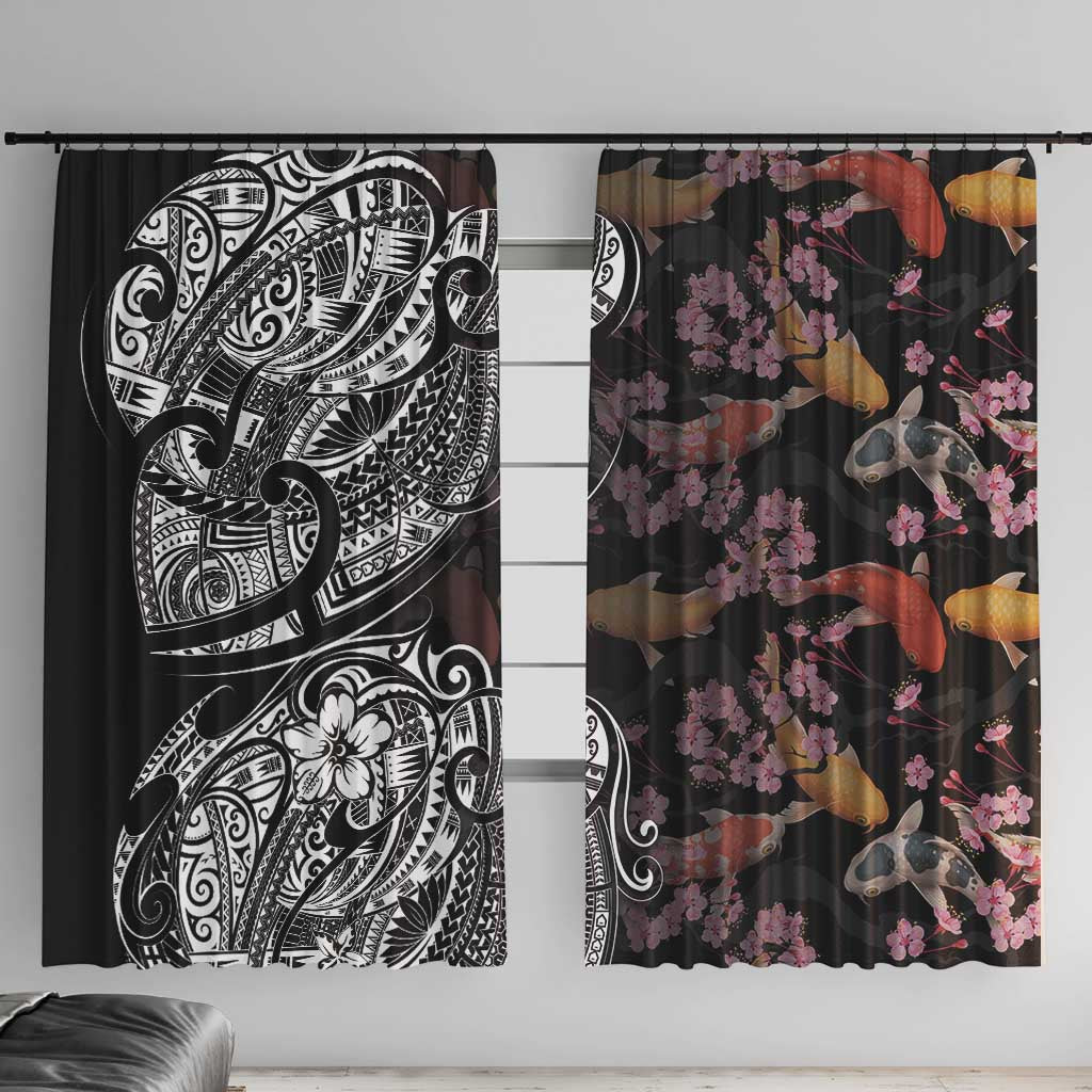 Hawaiian and Japanese Together Window Curtain Polynesian Triball Tattoo Koi Carps and Sakura LT03 With Hooks Black - Polynesian Pride