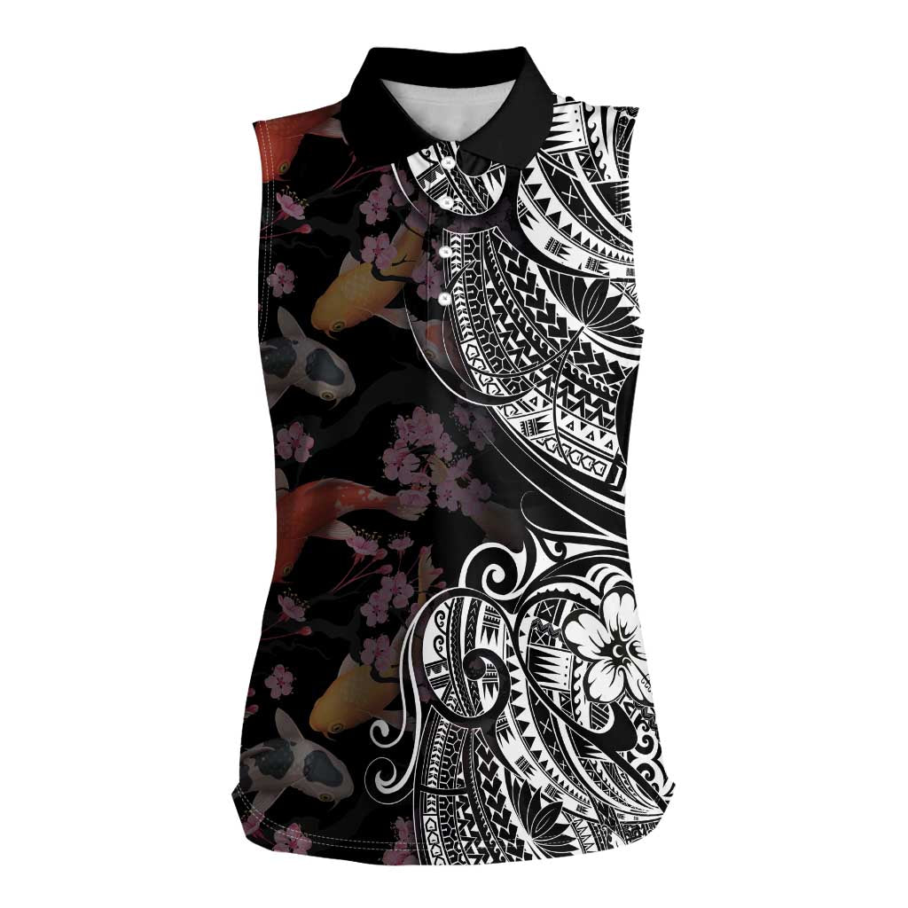 Hawaiian and Japanese Together Women Sleeveless Polo Shirt Polynesian Triball Tattoo Koi Carps and Sakura