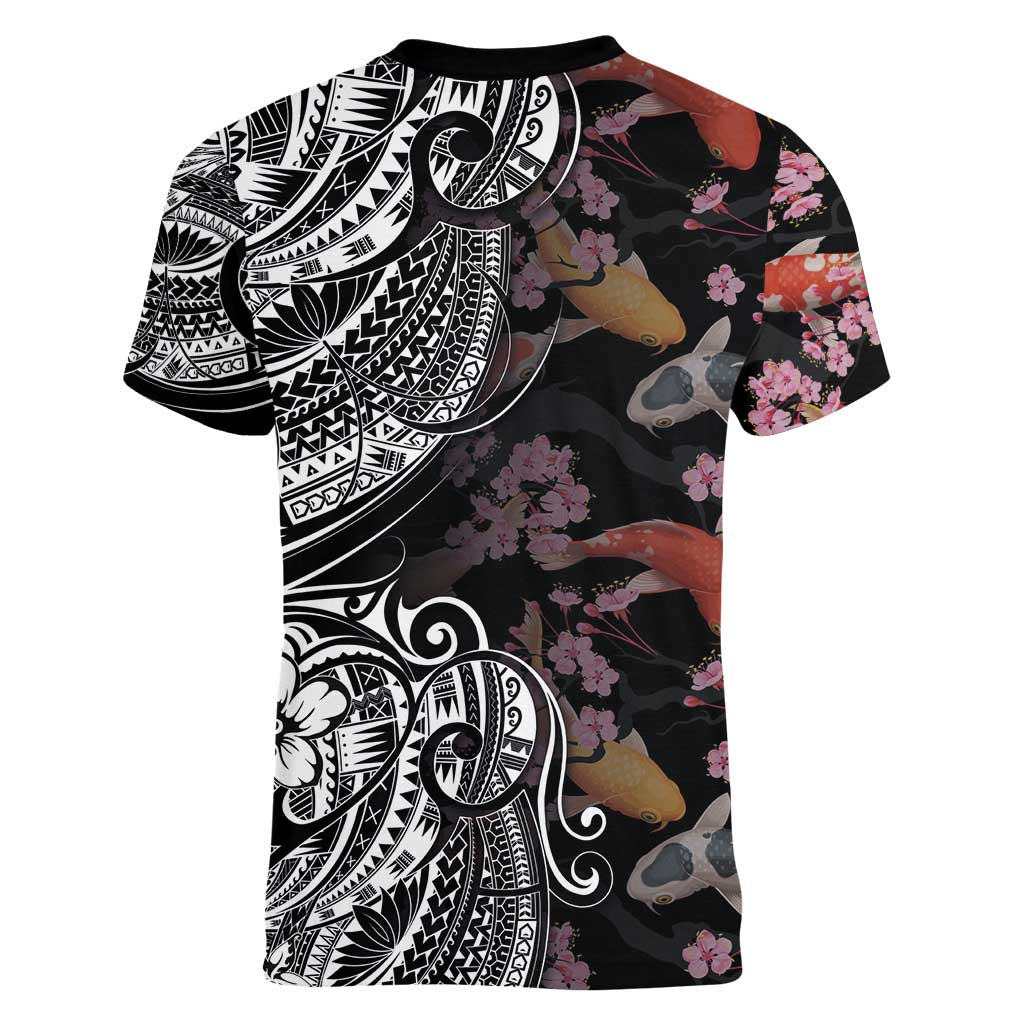 Hawaiian and Japanese Together Women V-Neck T-Shirt Polynesian Triball Tattoo Koi Carps and Sakura