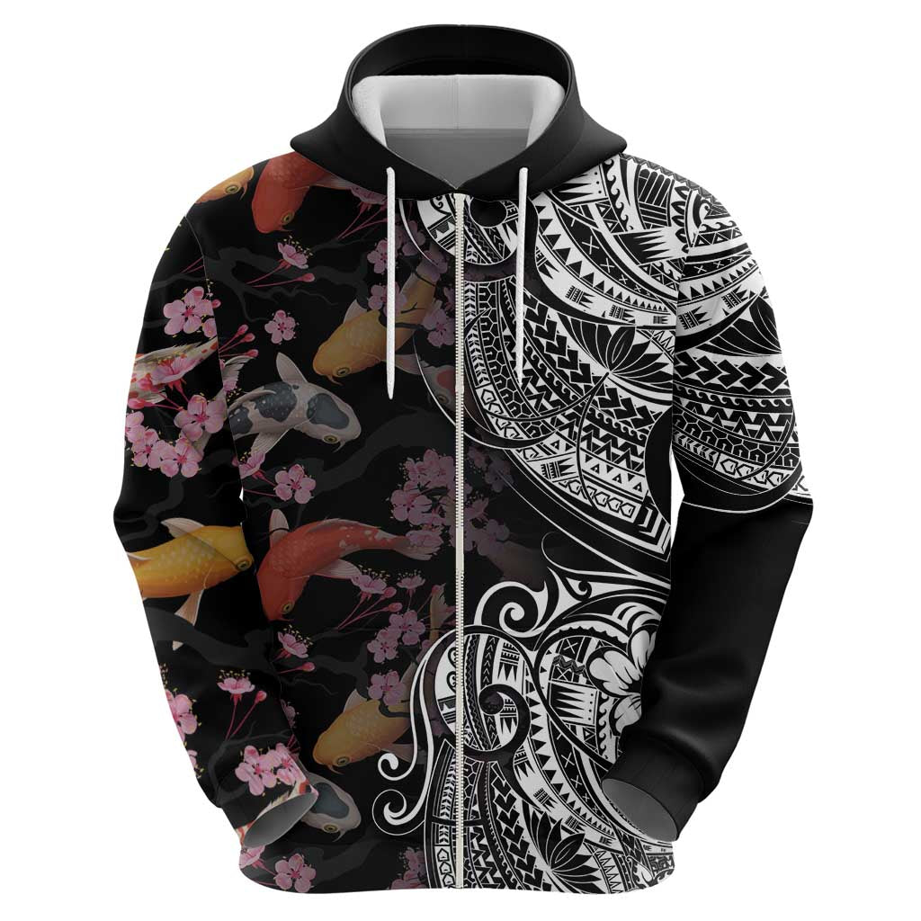 Hawaiian and Japanese Together Zip Hoodie Polynesian Triball Tattoo Koi Carps and Sakura