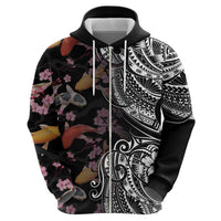 Hawaiian and Japanese Together Zip Hoodie Polynesian Triball Tattoo Koi Carps and Sakura