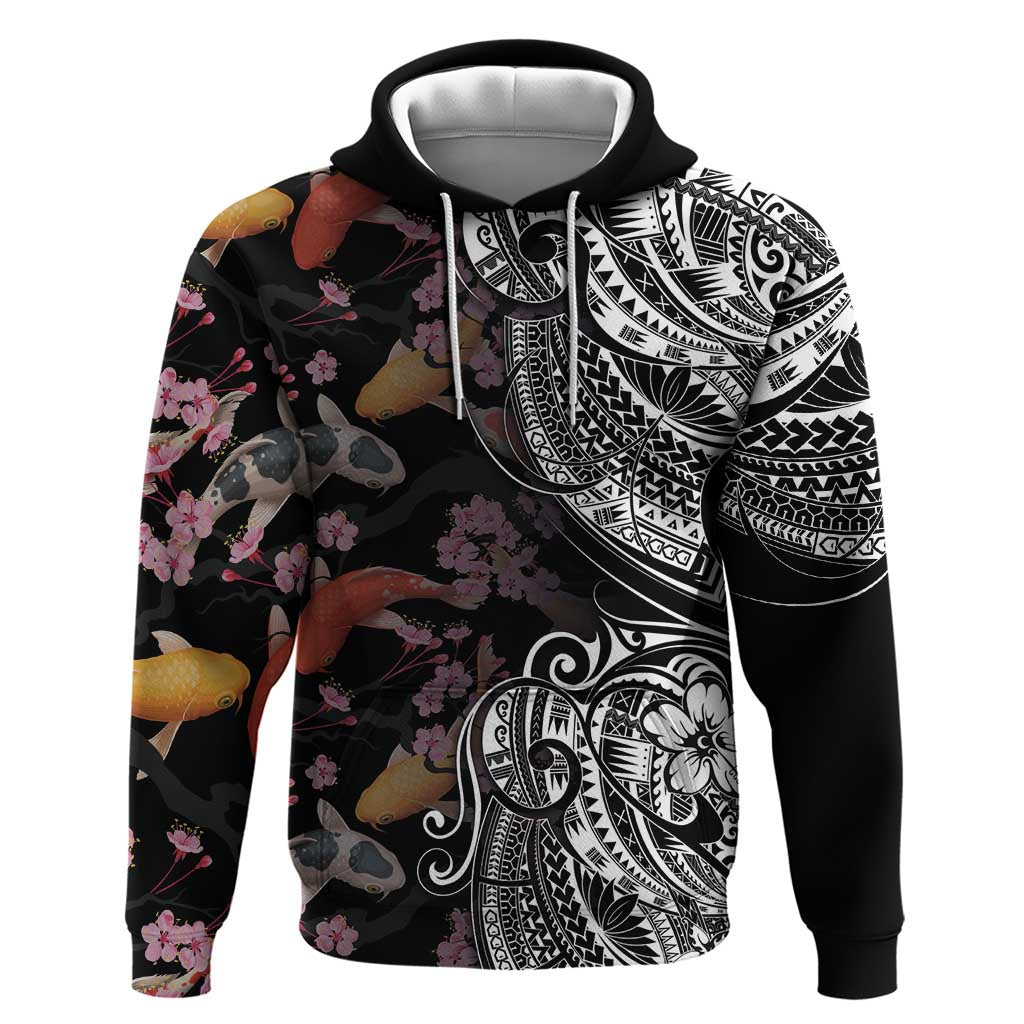 Hawaiian and Japanese Together Zip Hoodie Polynesian Triball Tattoo Koi Carps and Sakura