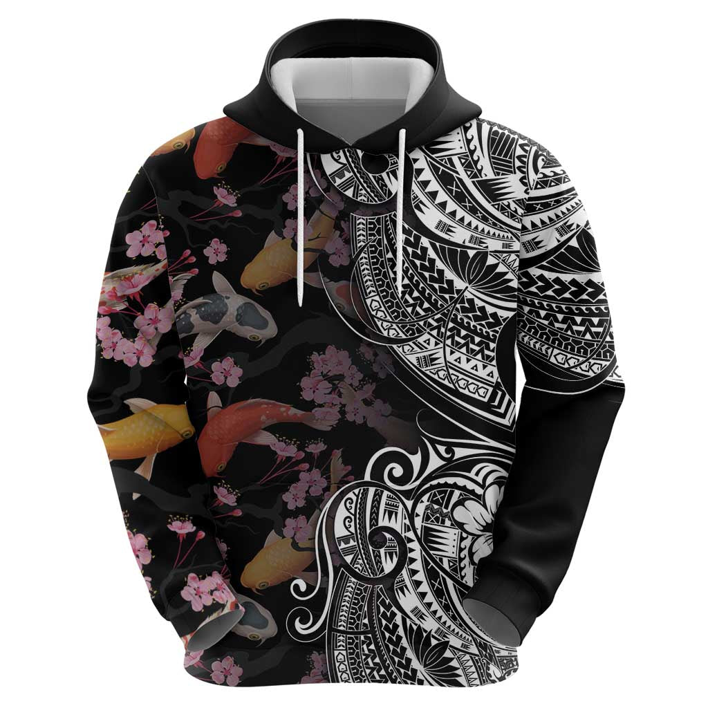 Hawaiian and Japanese Together Zip Hoodie Polynesian Triball Tattoo Koi Carps and Sakura
