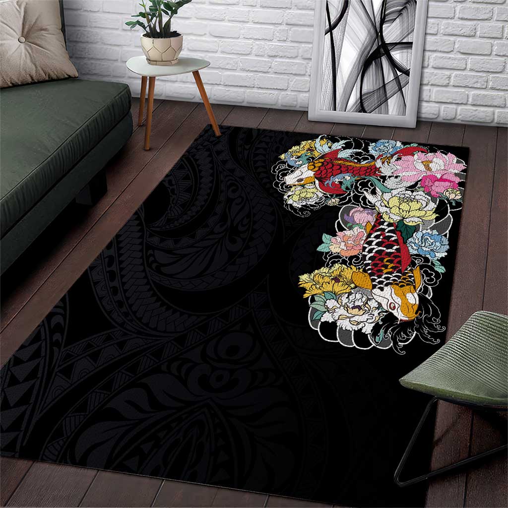 Hawaiian and Japanese Together Area Rug Colorful Traditional Japanese Tattoo and Kakau Pattern Black Color