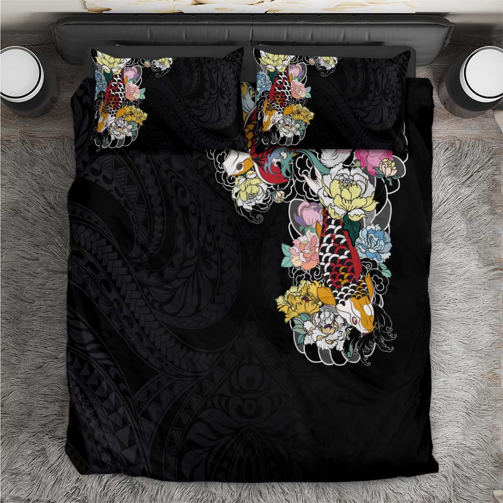 Hawaiian and Japanese Together Bedding Set Colorful Traditional Japanese Tattoo and Kakau Pattern Black Color