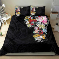 Hawaiian and Japanese Together Bedding Set Colorful Traditional Japanese Tattoo and Kakau Pattern Black Color