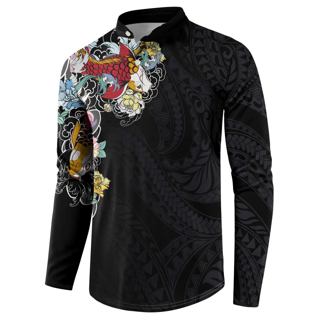 Hawaiian and Japanese Together Button Sweatshirt Colorful Traditional Japanese Tattoo and Kakau Pattern Black Color LT03 - Polynesian Pride