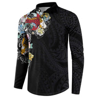 Hawaiian and Japanese Together Button Sweatshirt Colorful Traditional Japanese Tattoo and Kakau Pattern Black Color LT03 - Polynesian Pride
