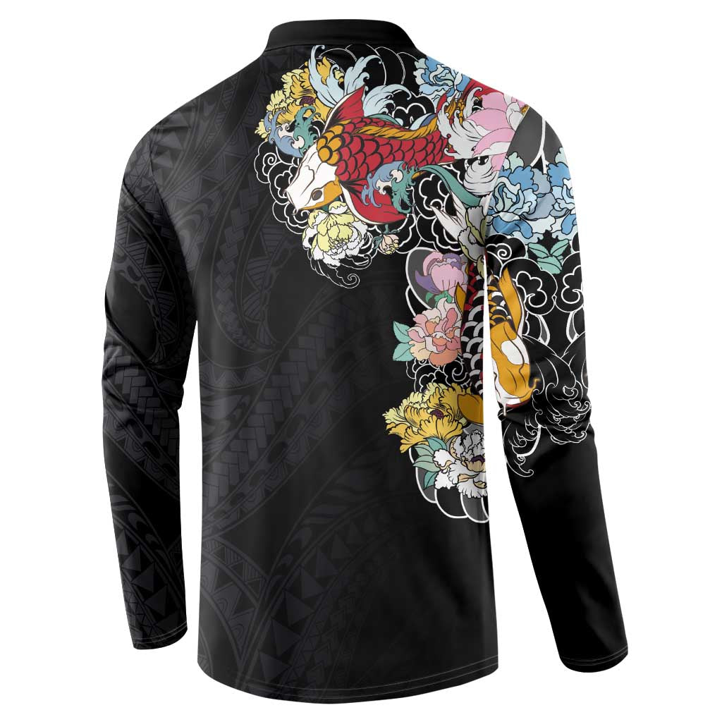 Hawaiian and Japanese Together Button Sweatshirt Colorful Traditional Japanese Tattoo and Kakau Pattern Black Color LT03 - Polynesian Pride