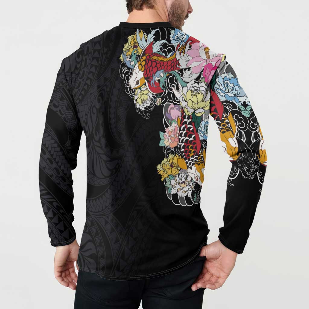 Hawaiian and Japanese Together Button Sweatshirt Colorful Traditional Japanese Tattoo and Kakau Pattern Black Color LT03 - Polynesian Pride
