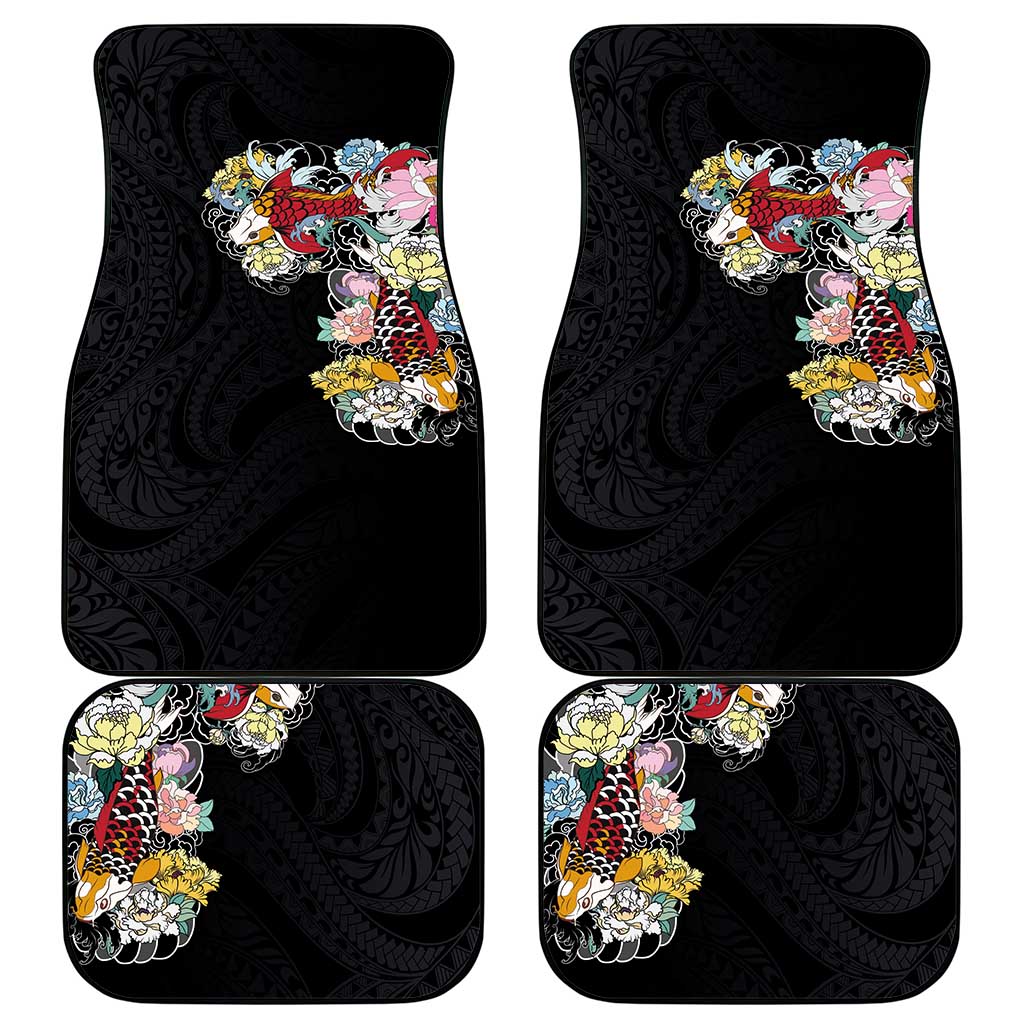 Hawaiian and Japanese Together Car Mats Colorful Traditional Japanese Tattoo and Kakau Pattern Black Color
