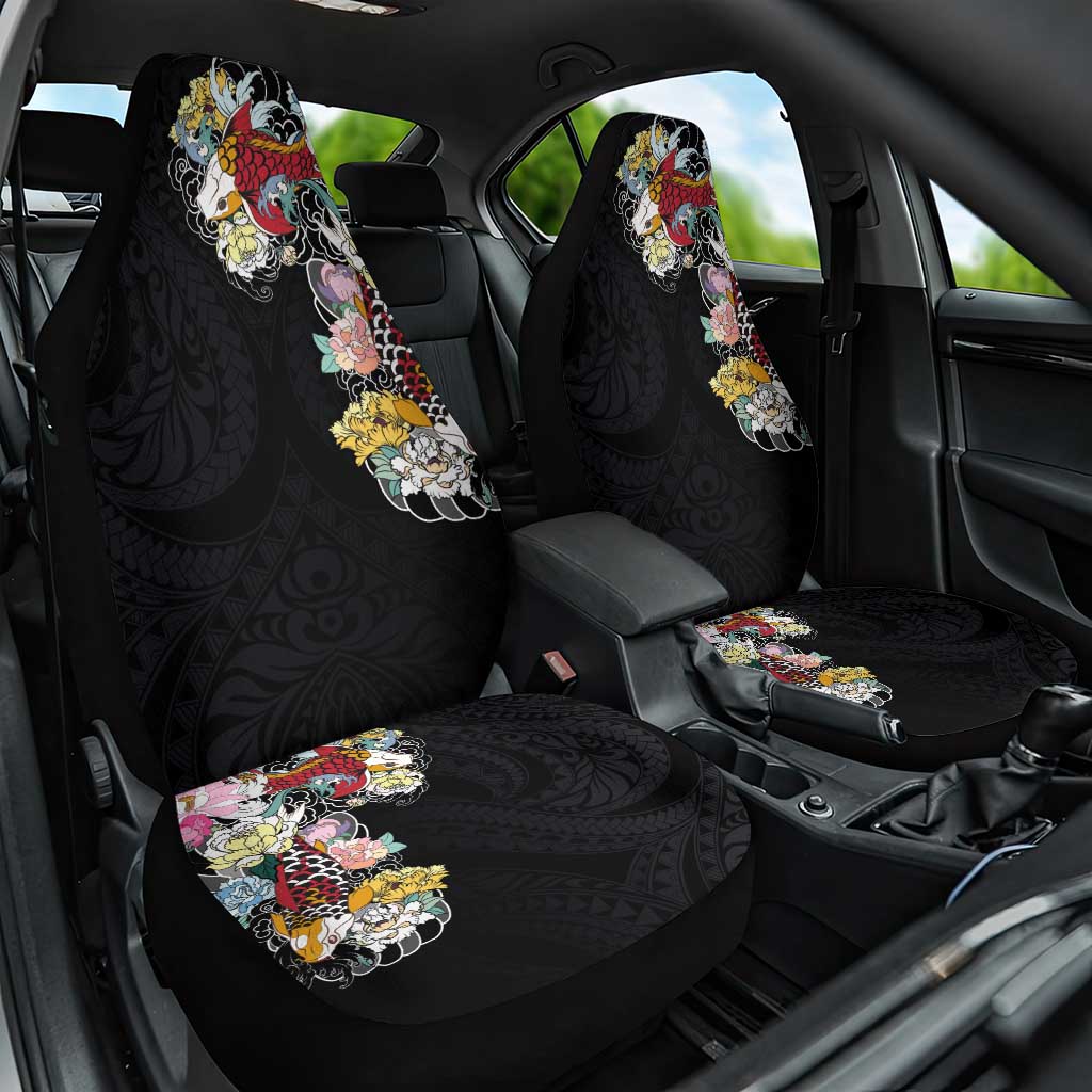 Hawaiian and Japanese Together Car Seat Cover Colorful Traditional Japanese Tattoo and Kakau Pattern Black Color