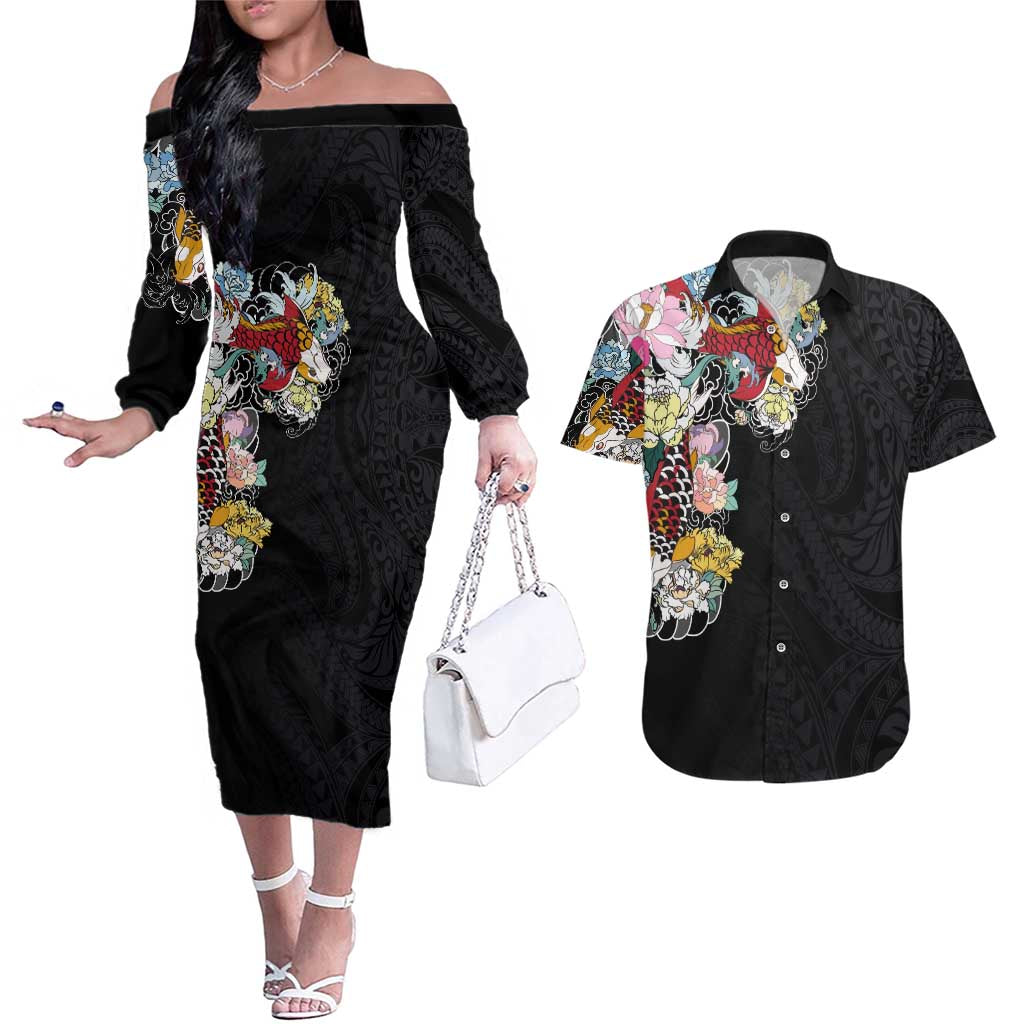 Hawaiian and Japanese Together Couples Matching Off The Shoulder Long Sleeve Dress and Hawaiian Shirt Colorful Traditional Japanese Tattoo and Kakau Pattern Black Color LT03 Black - Polynesian Pride