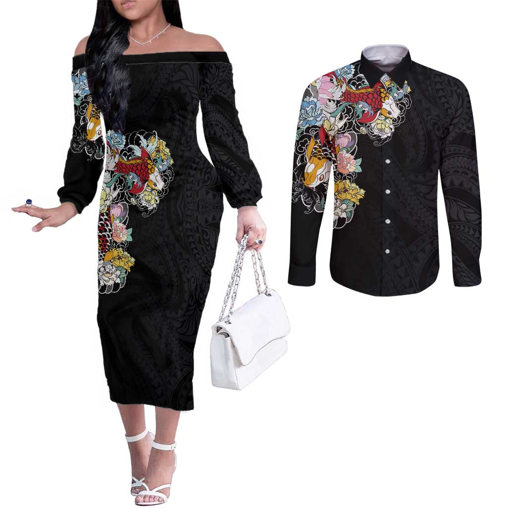 Hawaiian and Japanese Together Couples Matching Off The Shoulder Long Sleeve Dress and Long Sleeve Button Shirt Colorful Traditional Japanese Tattoo and Kakau Pattern Black Color