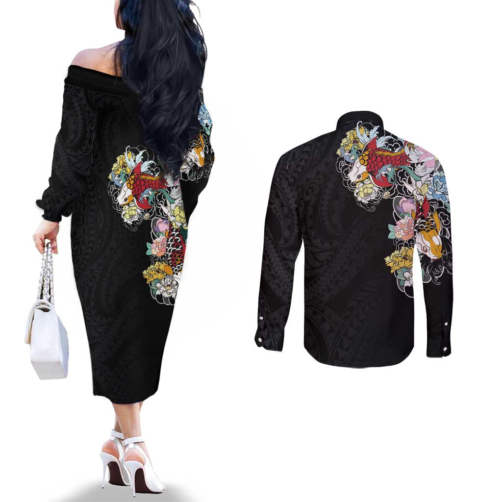 Hawaiian and Japanese Together Couples Matching Off The Shoulder Long Sleeve Dress and Long Sleeve Button Shirt Colorful Traditional Japanese Tattoo and Kakau Pattern Black Color
