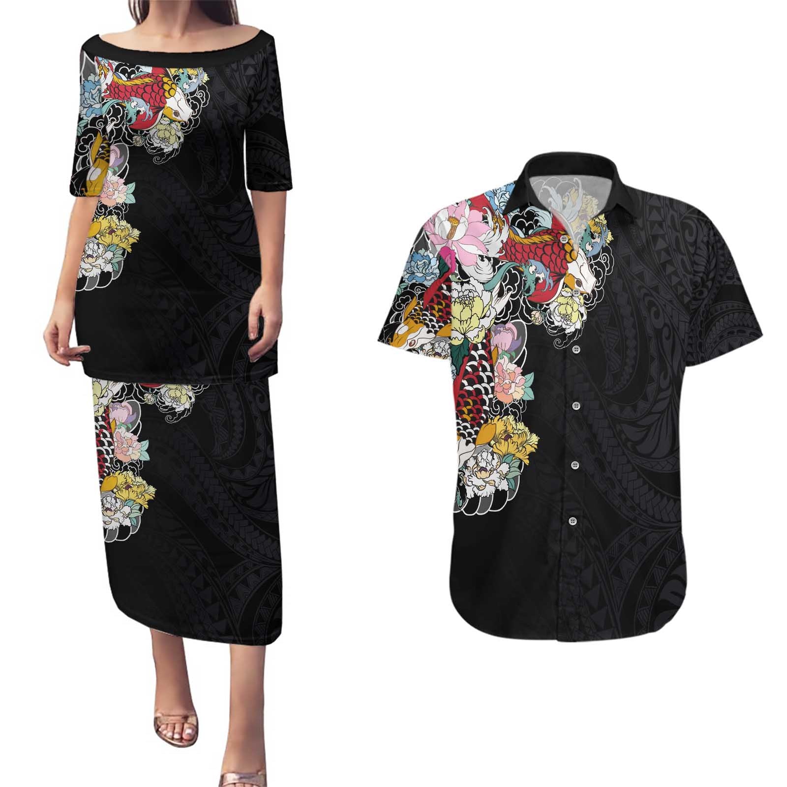 Hawaiian and Japanese Together Couples Matching Puletasi and Hawaiian Shirt Colorful Traditional Japanese Tattoo and Kakau Pattern Black Color LT03 Black - Polynesian Pride