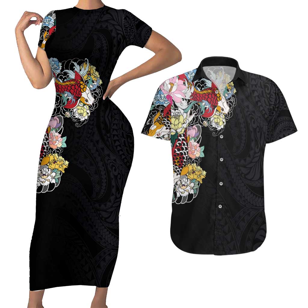 Hawaiian and Japanese Together Couples Matching Short Sleeve Bodycon Dress and Hawaiian Shirt Colorful Traditional Japanese Tattoo and Kakau Pattern Black Color LT03 Black - Polynesian Pride