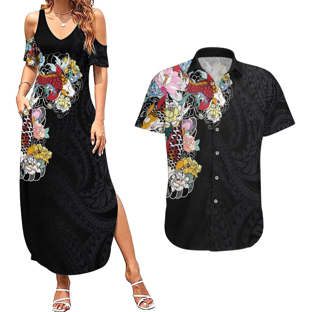 Hawaiian and Japanese Together Couples Matching Summer Maxi Dress and Hawaiian Shirt Colorful Traditional Japanese Tattoo and Kakau Pattern Black Color LT03 Black - Polynesian Pride