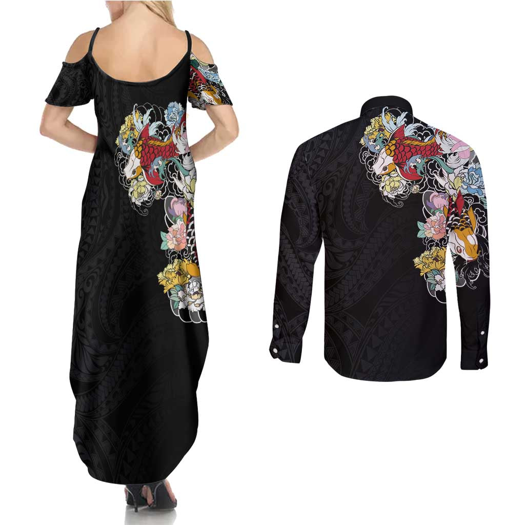 Hawaiian and Japanese Together Couples Matching Summer Maxi Dress and Long Sleeve Button Shirt Colorful Traditional Japanese Tattoo and Kakau Pattern Black Color LT03 - Polynesian Pride