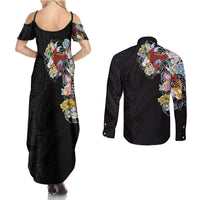 Hawaiian and Japanese Together Couples Matching Summer Maxi Dress and Long Sleeve Button Shirt Colorful Traditional Japanese Tattoo and Kakau Pattern Black Color LT03 - Polynesian Pride