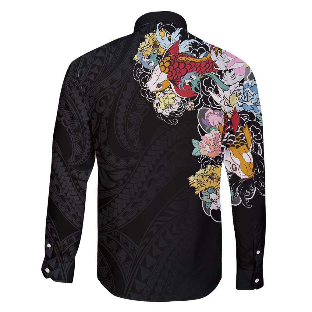 Hawaiian and Japanese Together Family Matching Mermaid Dress and Hawaiian Shirt Colorful Traditional Japanese Tattoo and Kakau Pattern Black Color