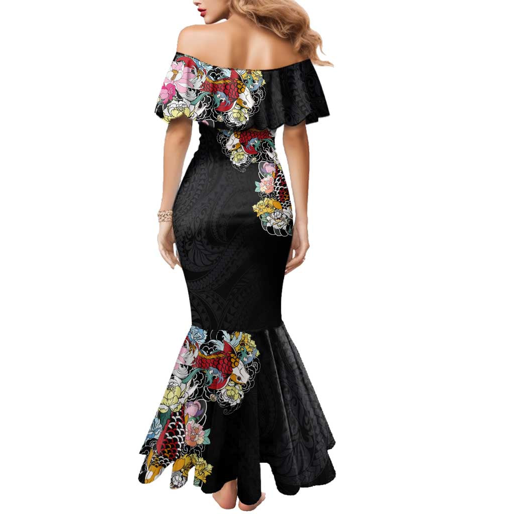 Hawaiian and Japanese Together Family Matching Mermaid Dress and Hawaiian Shirt Colorful Traditional Japanese Tattoo and Kakau Pattern Black Color