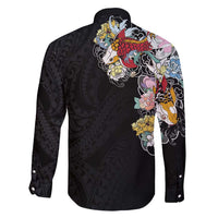 Hawaiian and Japanese Together Family Matching Off Shoulder Maxi Dress and Hawaiian Shirt Colorful Traditional Japanese Tattoo and Kakau Pattern Black Color