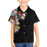 Hawaiian and Japanese Together Family Matching Off Shoulder Maxi Dress and Hawaiian Shirt Colorful Traditional Japanese Tattoo and Kakau Pattern Black Color