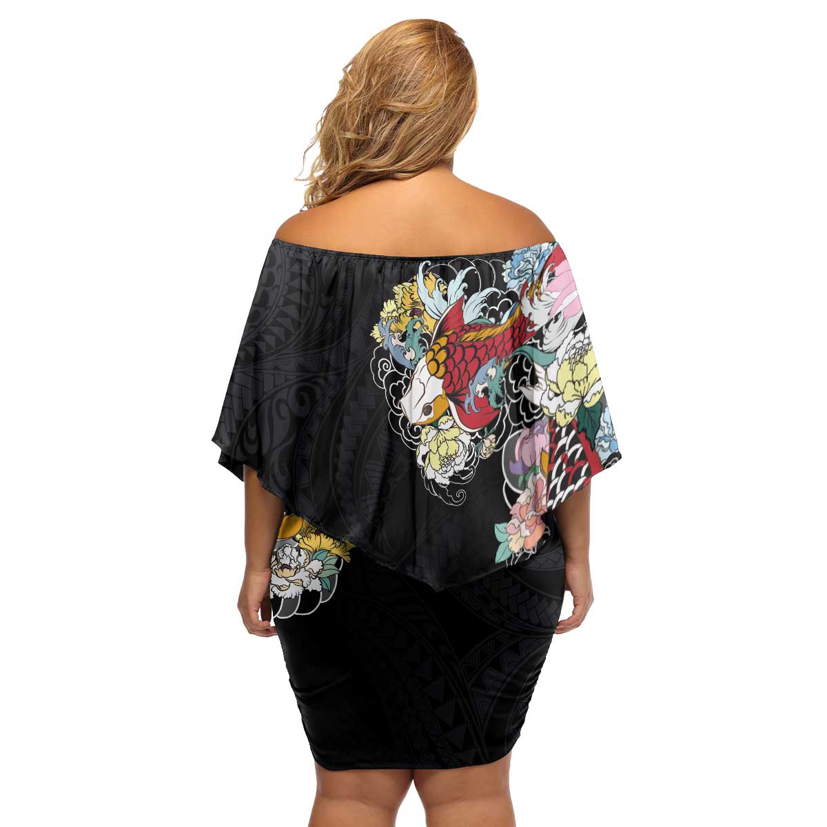 Hawaiian and Japanese Together Family Matching Off Shoulder Short Dress and Hawaiian Shirt Colorful Traditional Japanese Tattoo and Kakau Pattern Black Color