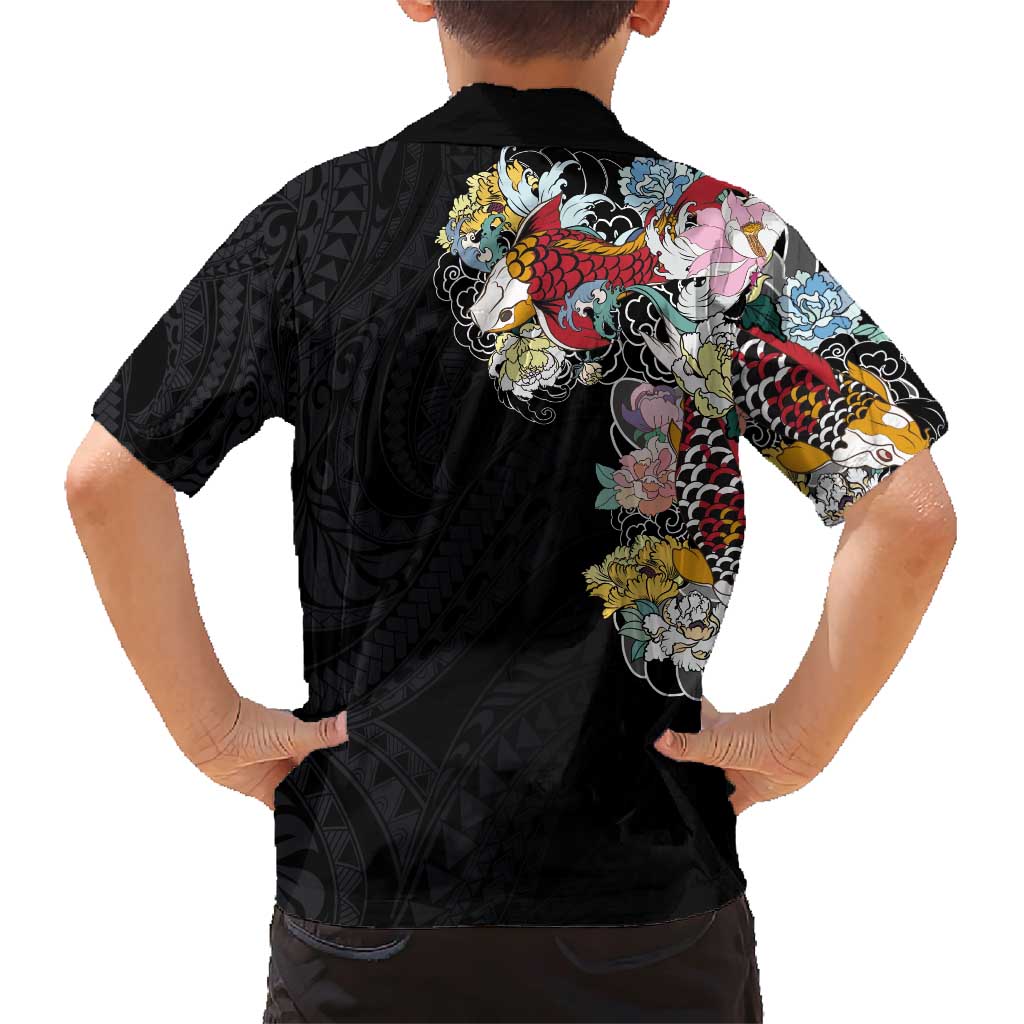 Hawaiian and Japanese Together Family Matching Short Sleeve Bodycon Dress and Hawaiian Shirt Colorful Traditional Japanese Tattoo and Kakau Pattern Black Color