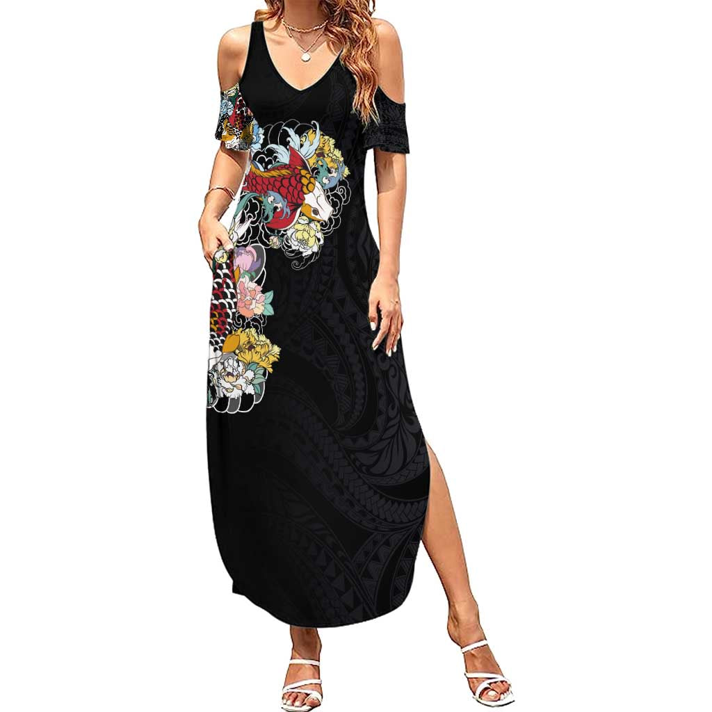 Hawaiian and Japanese Together Family Matching Summer Maxi Dress and Hawaiian Shirt Colorful Traditional Japanese Tattoo and Kakau Pattern Black Color