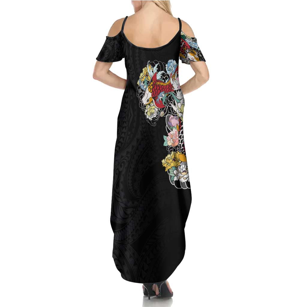 Hawaiian and Japanese Together Family Matching Summer Maxi Dress and Hawaiian Shirt Colorful Traditional Japanese Tattoo and Kakau Pattern Black Color