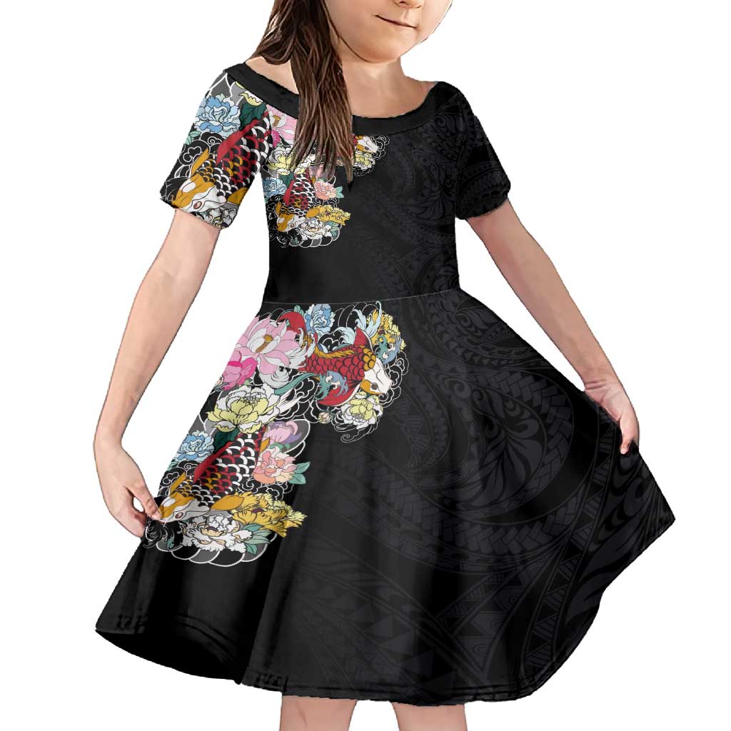 Hawaiian and Japanese Together Family Matching Tank Maxi Dress and Hawaiian Shirt Colorful Traditional Japanese Tattoo and Kakau Pattern Black Color