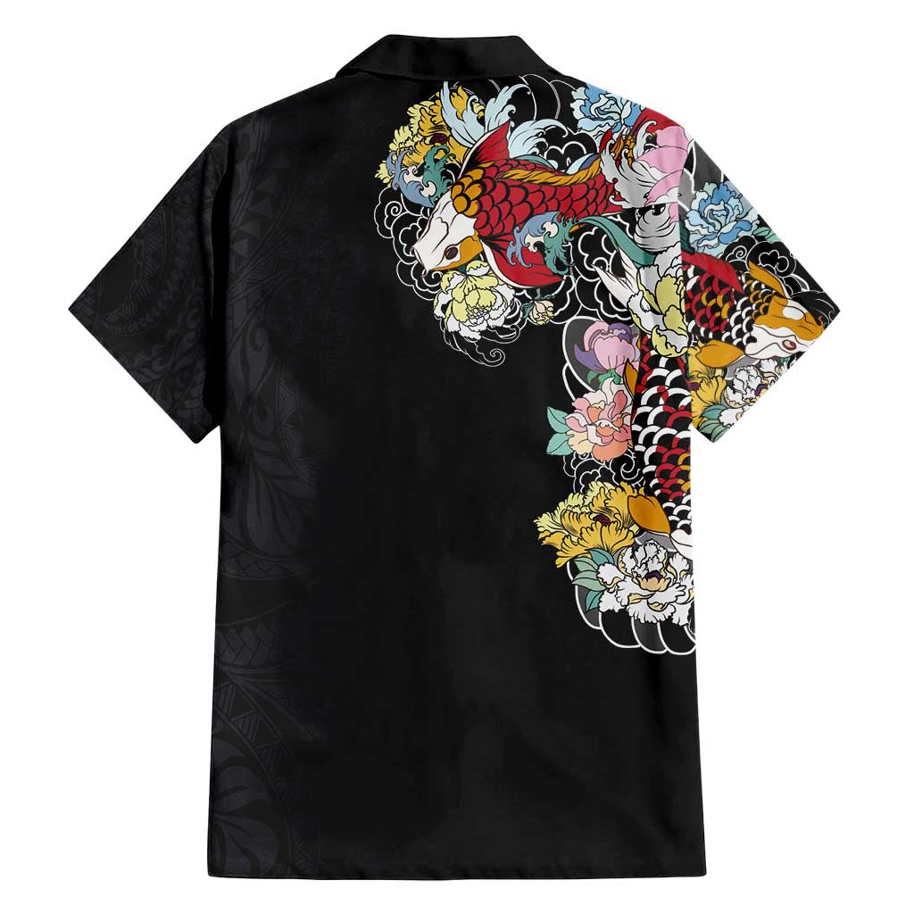 Hawaiian and Japanese Together Family Matching Tank Maxi Dress and Hawaiian Shirt Colorful Traditional Japanese Tattoo and Kakau Pattern Black Color